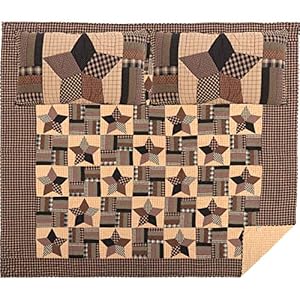 VHC Brands Bingham Star 3 Piece California King Quilt Set Country Patchwork Design Soft Black and Tan