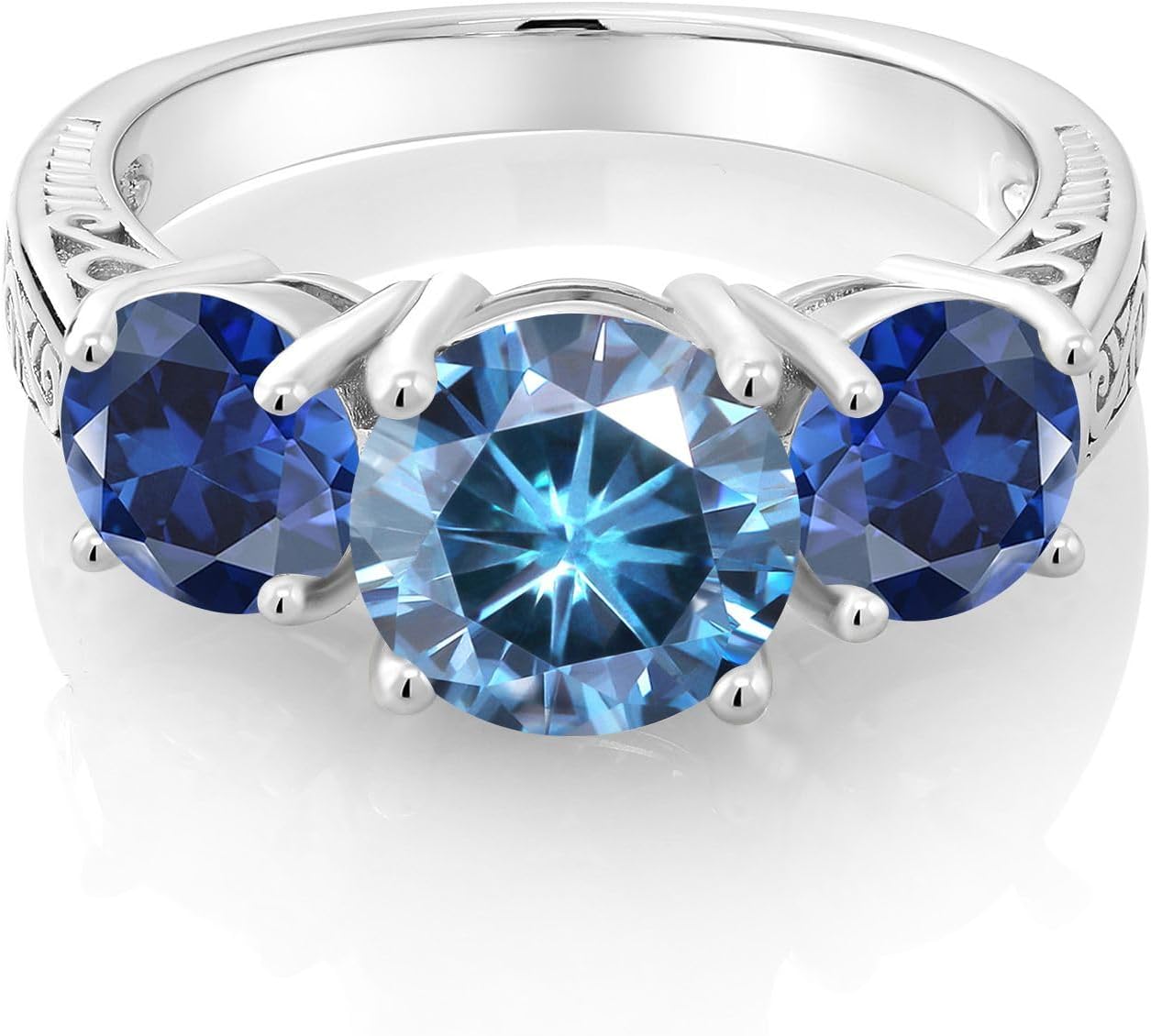Gem Stone King 3.90 Cttw Round Persian Blue Moissanite and Blue Created Sapphire 3-Stone Ring For Women | 925 Sterling Silver | 3 Stone Wedding Engagement Anniversary Promise Ring For Women