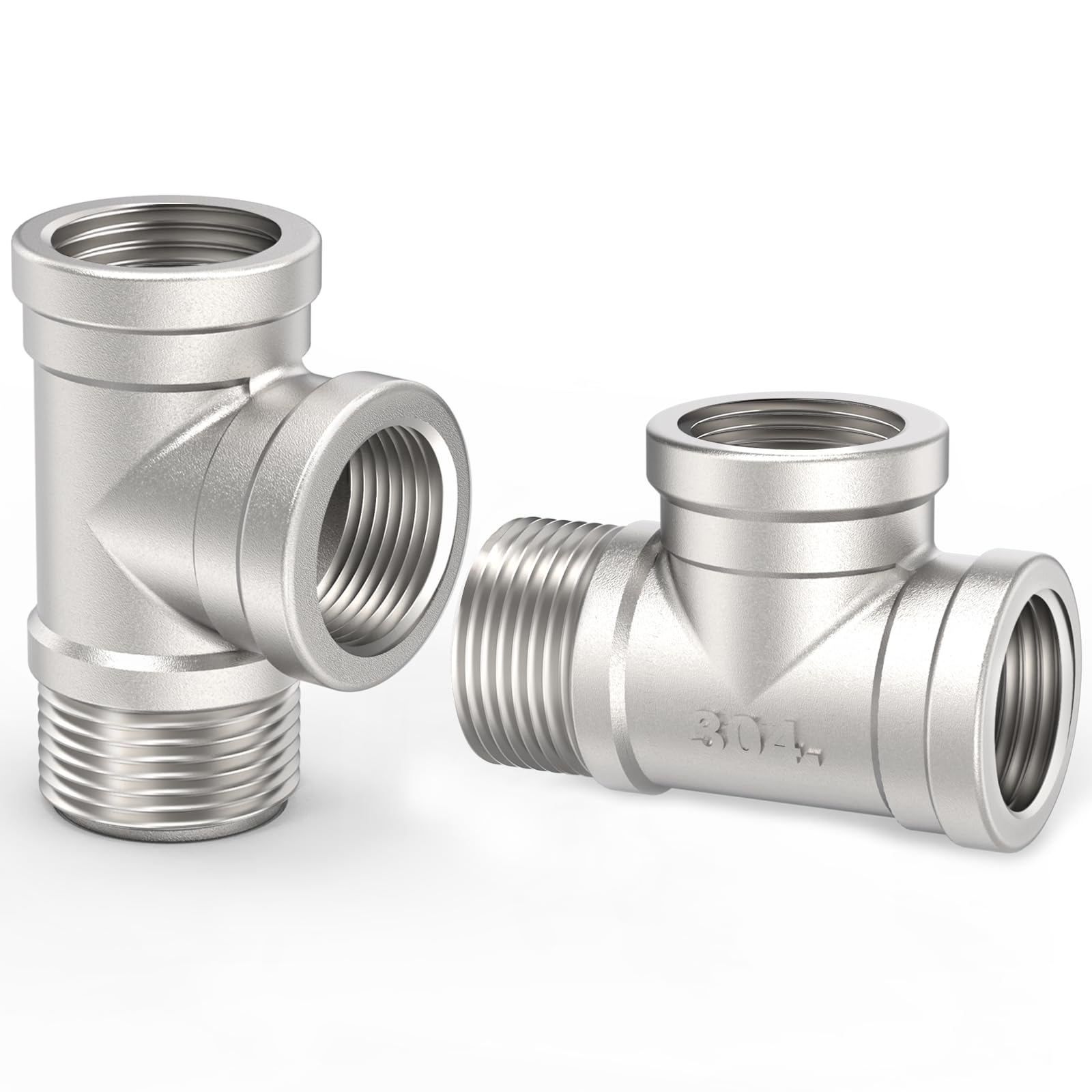 ChillWaves 304 Stainless Steel Pipe Fitting, Male Run Tee 1/2" NPT Female x 1/2" NPT Female x 1/2" NPT Male Thread Adapter(2-PACK)
