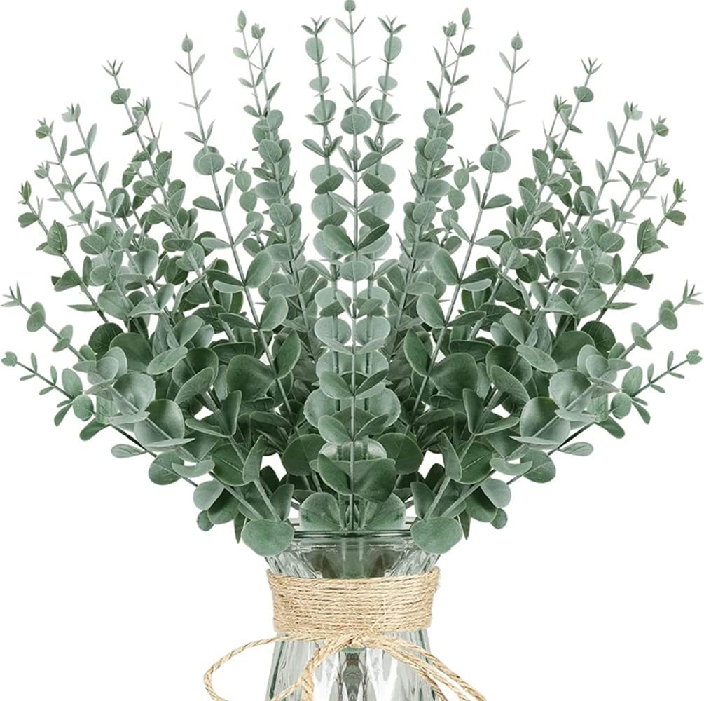 JKWINS 24 Pcs Eucalyptus Leaves Artificial Stems Real Grey, Green Real Touch Plant Branches Artificial Flowers for Home Office Centerpiece Wedding Banquet Flower Arrangement Decoration 15in (Green1)