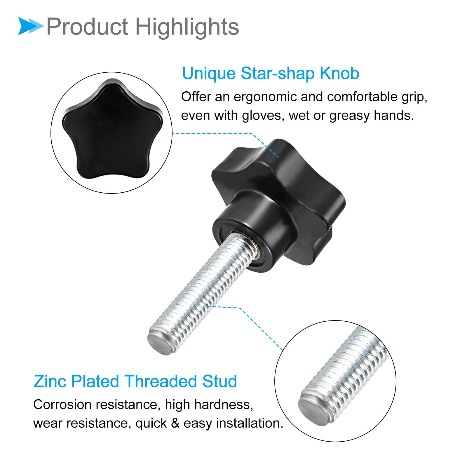 Uxcell 5pcs M8 Thread Black Star Head Clamping Knobs – 37mm Diameter Grip Handles