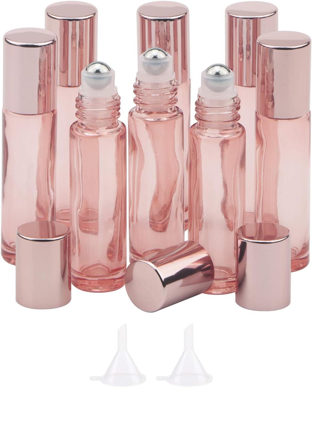 Pxyelec Rose Gold 10Ml Roller Bottles 8 Pack - Refillable Glass Roller Ball Bottles For Essential Oils & Perfume, With Funnels,For Perfumes Sample Display Aromatherapy, Massage, Travel