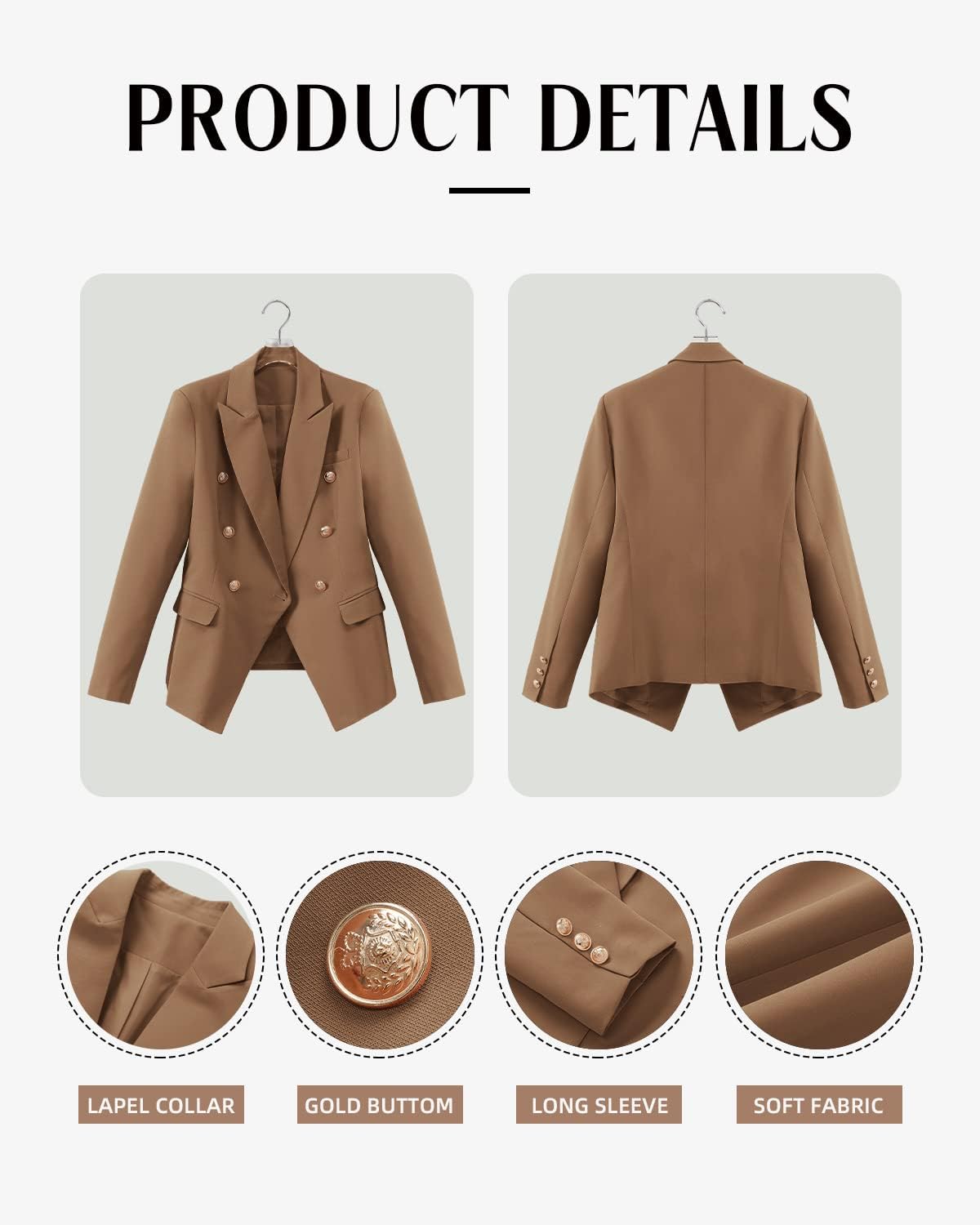 CRAZY GRID Womens Casual Blazer Jacket Gold Button Long Sleeve Work 0ffice Blazer Lapel Open Front Jacket - Image 5