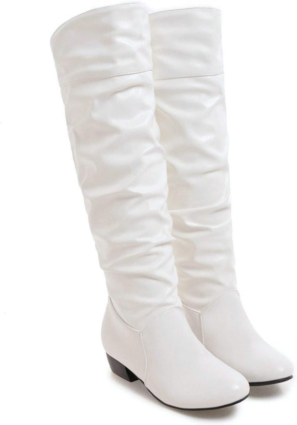 Women's Pull On Slouch Knee High Boots Ladies Round Toe Flat Low Heels Riding Boots for Women Girls (Color : White, Size : 12)