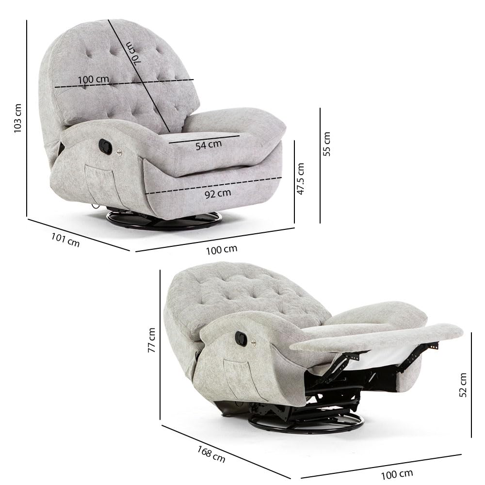 Poltrona Relax Manuale 3 Posizioni Girevole, Rotante e a Dondolo per Soggiorno, Anziani e TV, Stile Moderno - Pina (Grigio Perla)