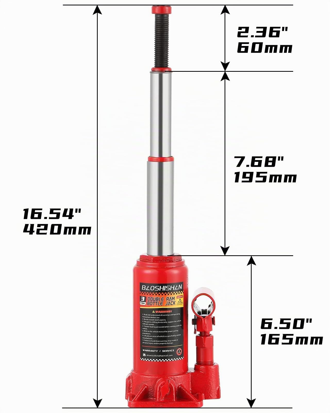 BAOSHISHAN Martinetto Idraulico 3 Ton Jack bottiglia Doppia sezione Gamma di sollevamento da 6-1/2 "a 16-1/2" con custodia per il trasporto