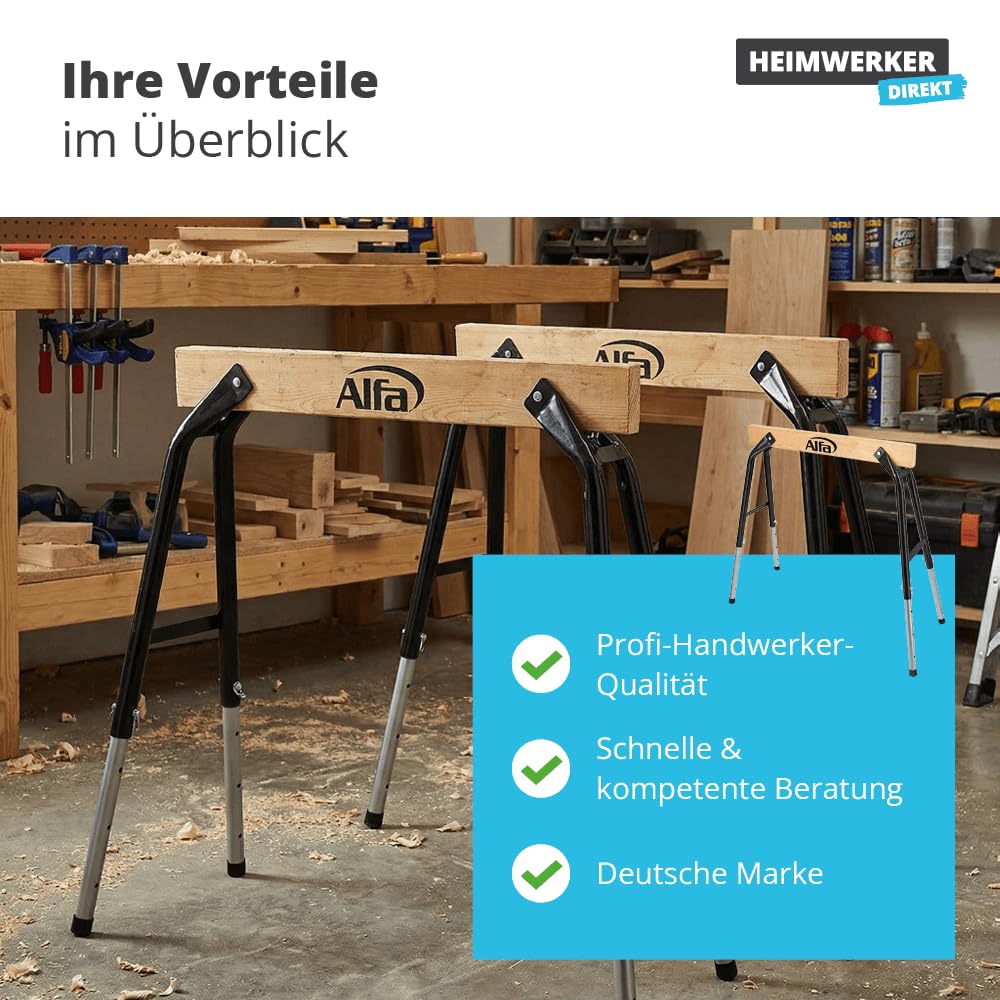 2x Alfa Arbeitsbock höhenverstellbar – belastbar bis 300 kg/Paar | Profi-Qualität – Aus robustem Stahl und Holz – zusammenklappbarer Gerüstbock