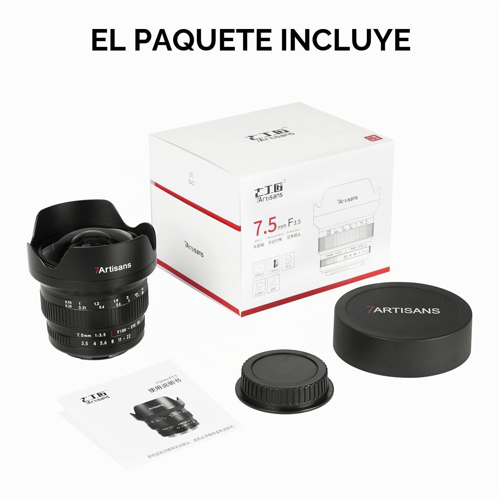 7artisans Lente ojo de pez manual MF 7.5 mm F3.5 APS-C 205° ultra gran angular, compatible con lente Canon EF DSLR para 80D 200D negro