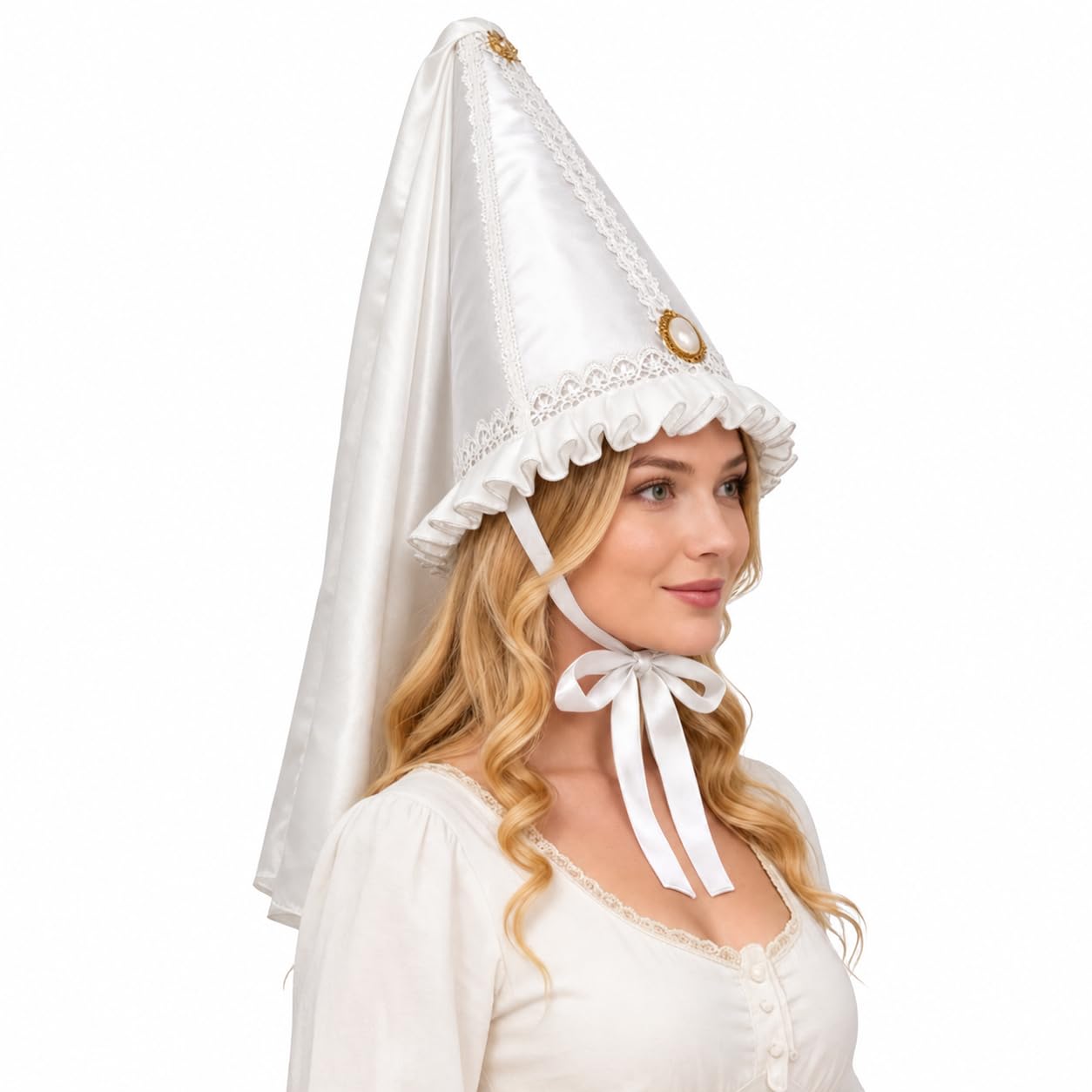 Women Medieval Hennin Cone Hat with Veil, Renaissance Princess Headdress Tall Cone Cap with Pearl and Gold Trim for Costume, Faire and Theatrical Dress (White, One Size) — image 1