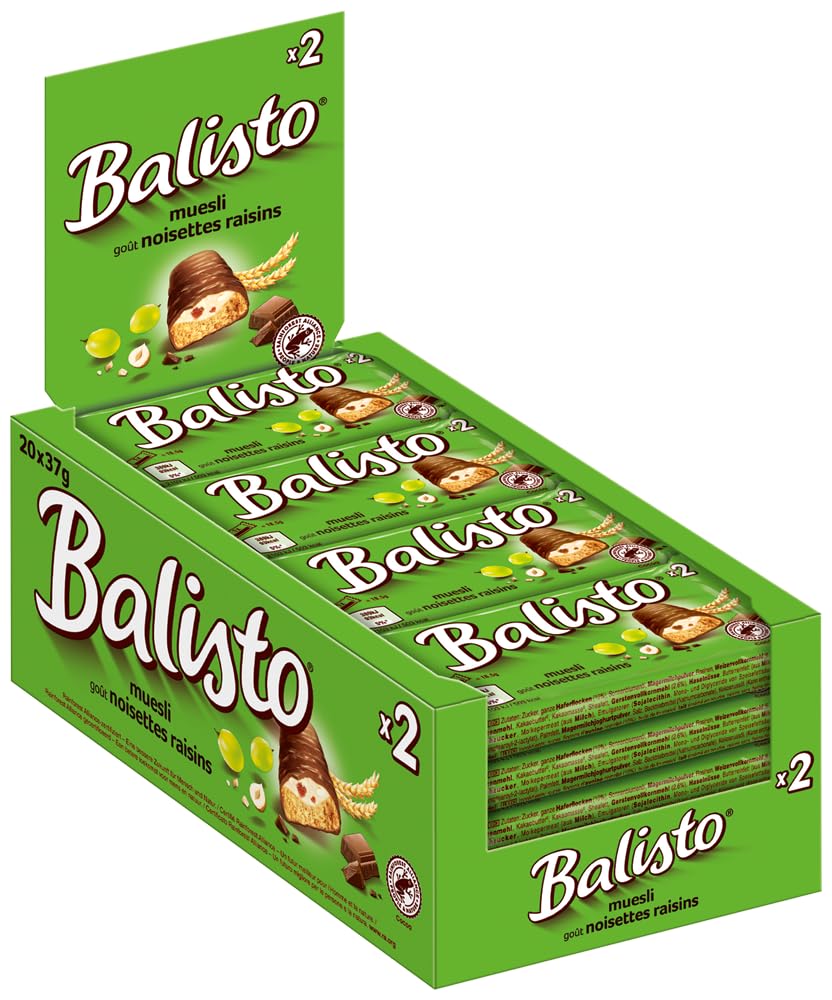 Balisto Riegel Müsli 4x 20x37g Keks mit Vollkorn und einer Crème mit Haselnussgeschmack und Rosinen, umhüllt von Milchschokolade - Schokoriegel Snack Schokolade