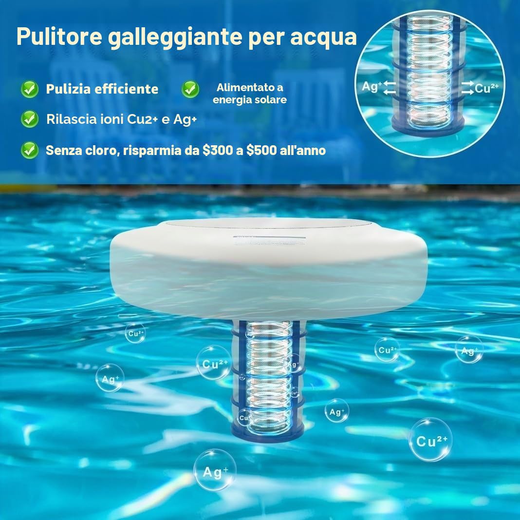 Ionizzatore solare per piscina, purificatore d'acqua galleggiante, agli ioni di rame e argento, purificatore d'acqua di sicurezza per vasche idromassaggio e fuori terra