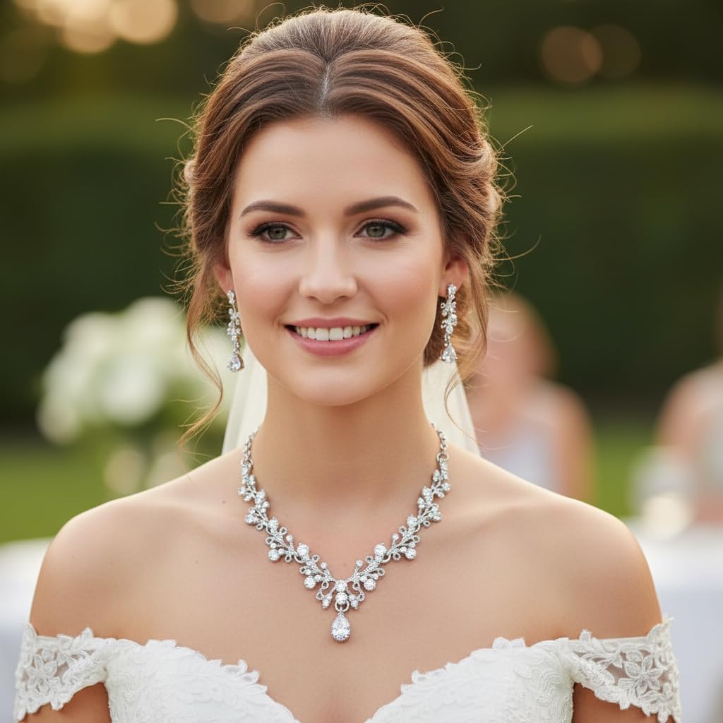 Silver Jewelry Sets for Women Rhinestone Necklace Dangle Earrings Bracelet Set Bridal Wedding Jewelry Sets for Brides Bridemaid Prom Costume Accessories Jewelry image 4