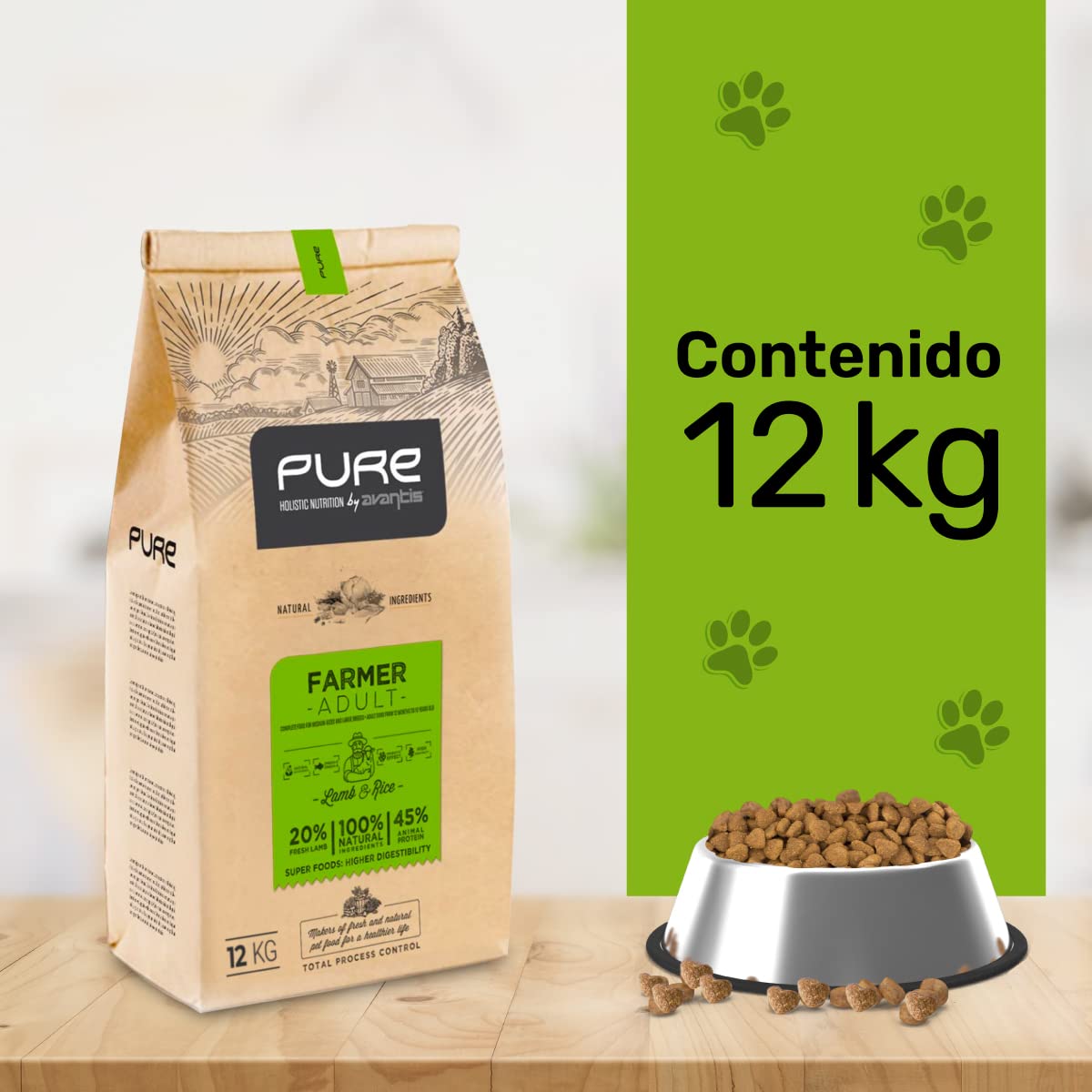 Pure Farmer Adult Cordero y Arroz 12 kg – Pienso Holístico con Carne Fresca para Perros Adultos – Razas Medianas y Grandes