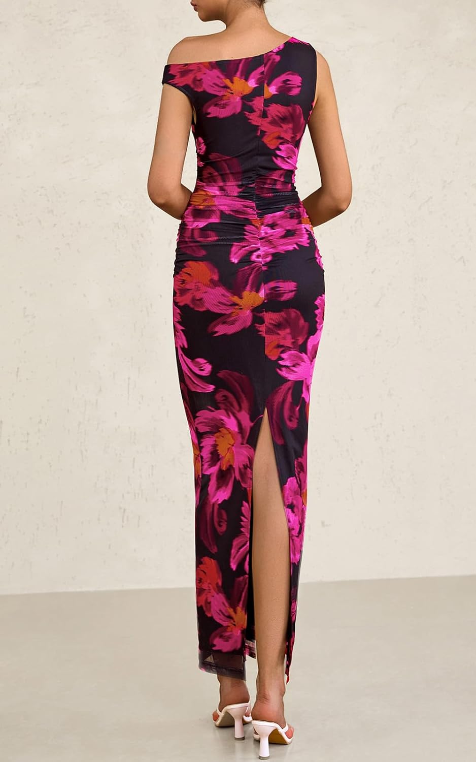 PRETTYGARDEN Women's 2026 Summer Floral One Shoulder Maxi Dress Wedding Guest Ruched Mesh Bodycon Long Cocktail Dresses - Image 4