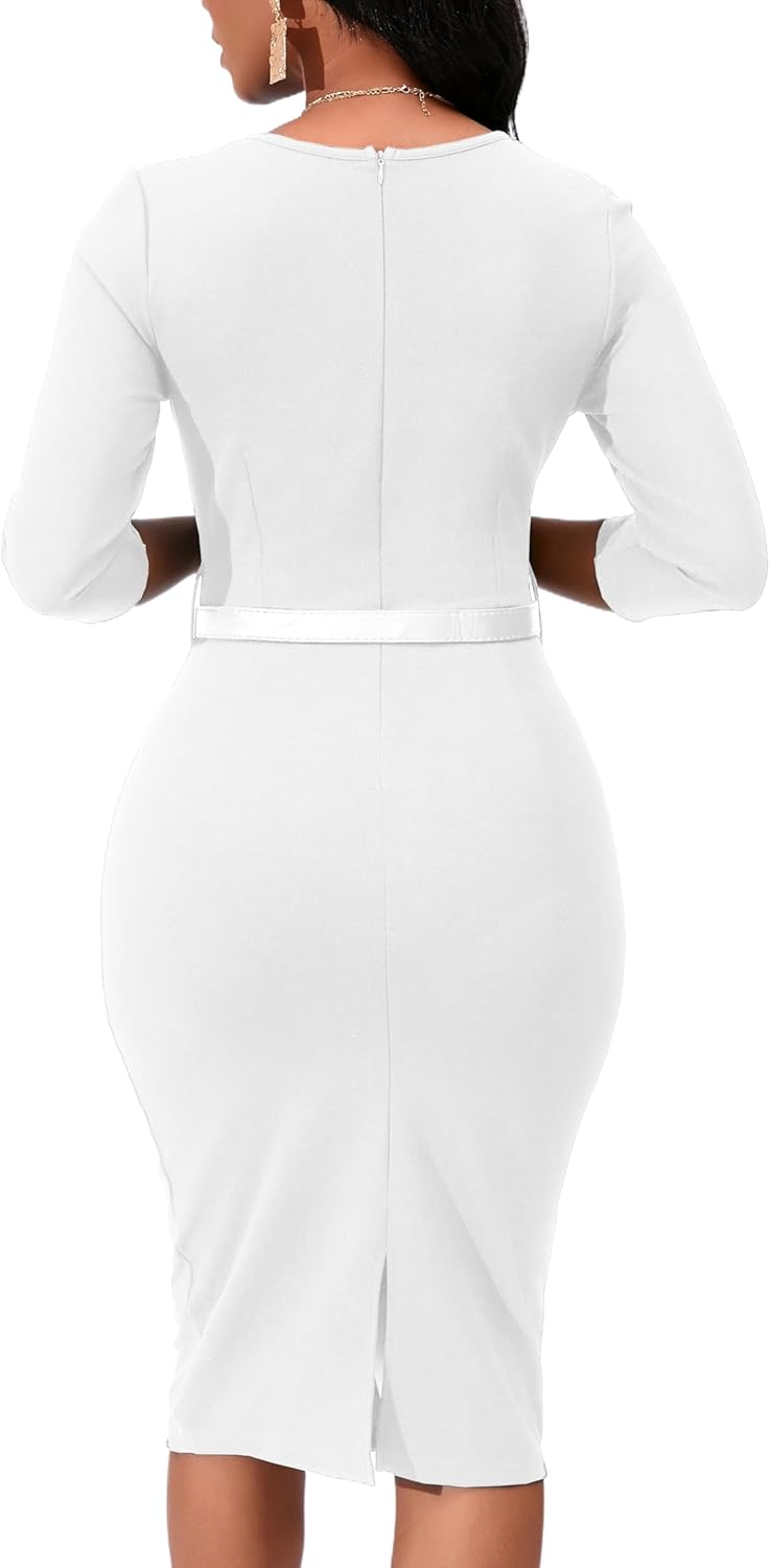 Womens 1950s Vintage Bodycon Pencil Midi Dress 3/4 Sleeve Work Church Knee Length Sheath Dress with Belt Belt - Image 6