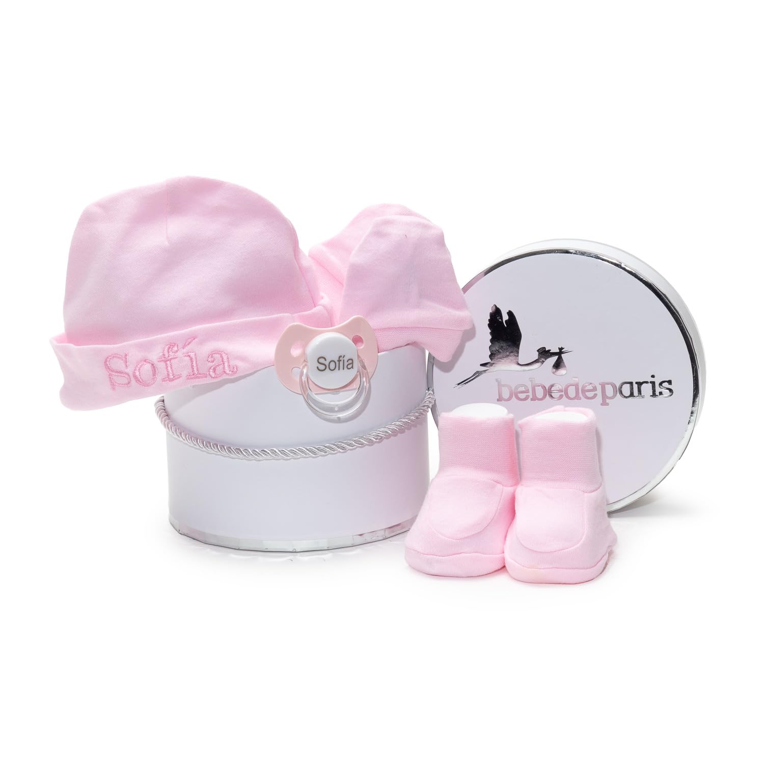 Canastilla | Set Personalizado de Gorro + Manoplas y Patucos con Chupete Grabado con Nombre del Bebé | Hecho a Mano en España (Rosa) | BebeDeParis