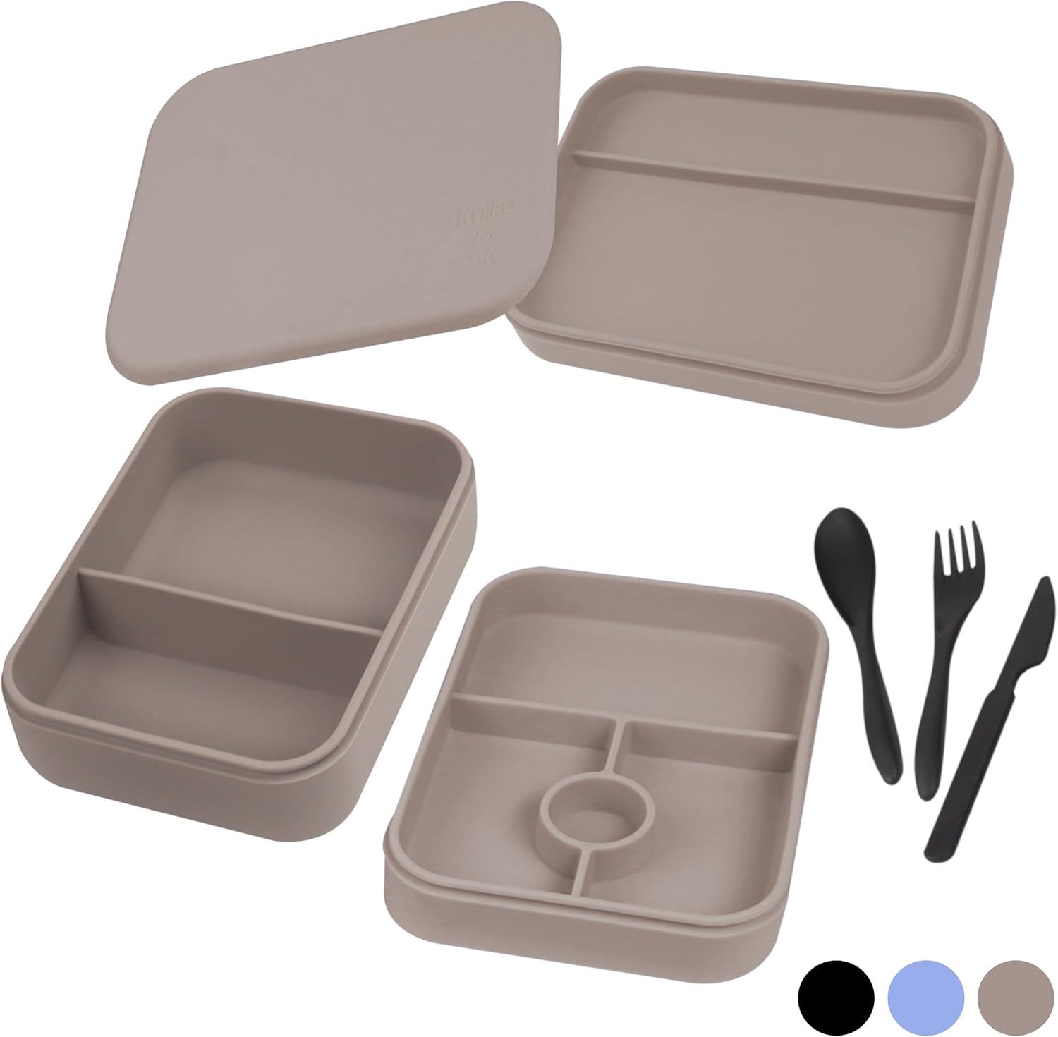 Silicone Bento Box for Adults & Kids – 3-Tier Stackable Lunch Container, 7 Compartments, Leakproof, BPA-Free, Microwave & Dishwasher Safe – Includes Fork, Spoon & Knife (Grey)