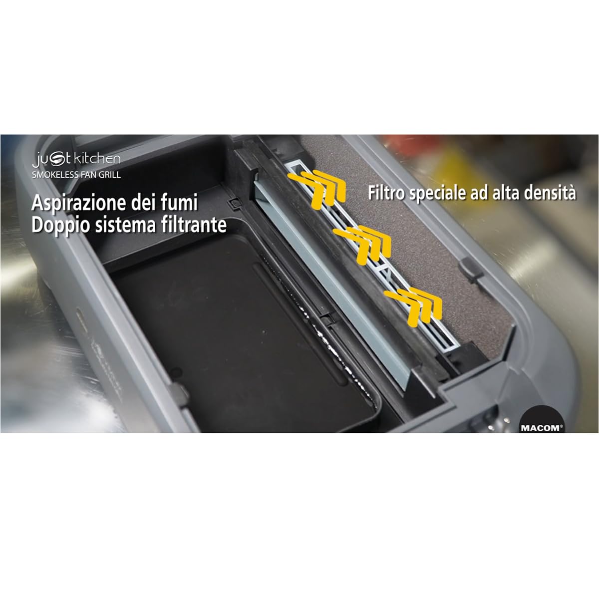 MACOM Griglia/Piastra Elettrica Con Cappa Aspirante Integrata e Doppio sistema filtrante,Indoor,Senza Fumo Senza Odori,Temperatura regolabile sino a 250°,1500W, Just Kitchen 849 Smokeless Fan Grill