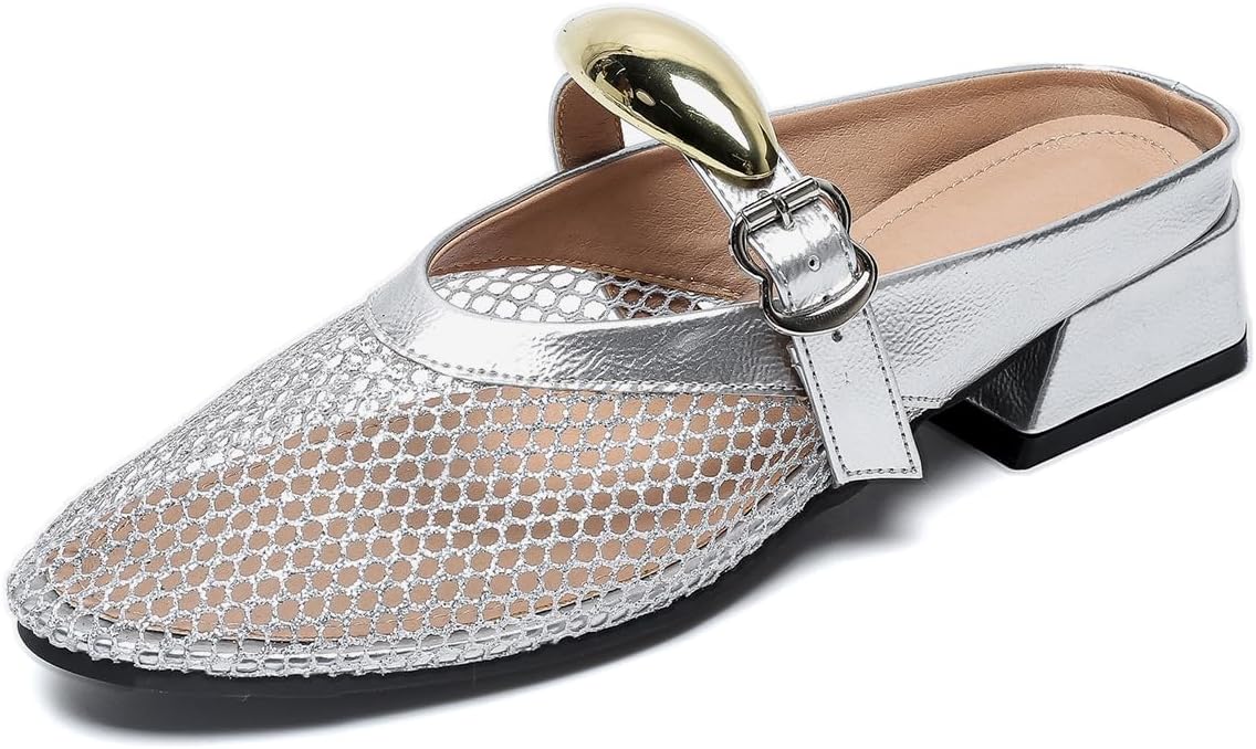 Mules for Women Chunky Heeled Sandals Fashion Mesh Mules Backless Buckle Strap Closed Toe Slip On Dress Shoes