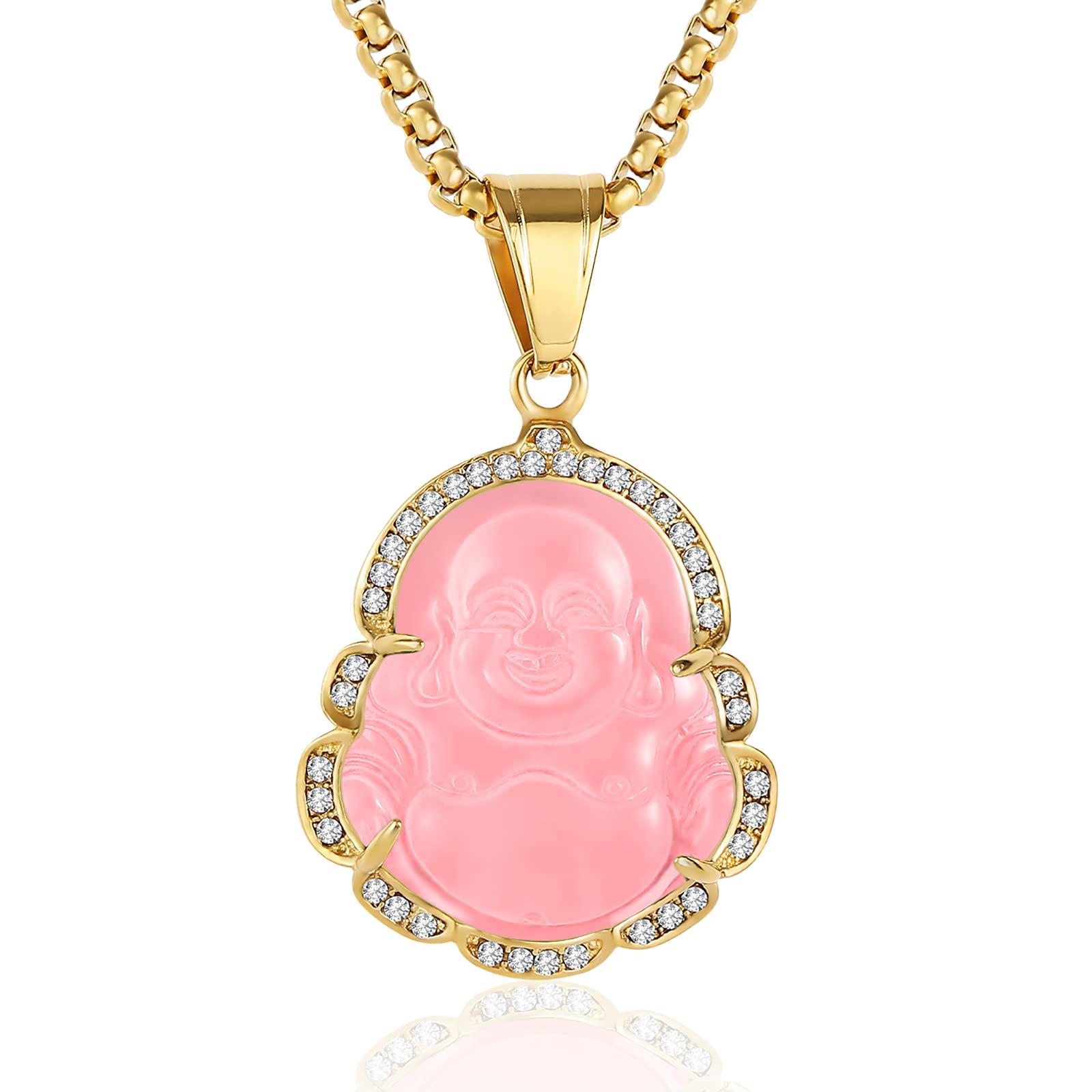 P.BLAKE Laughing Buddha Buddah Necklaces For Women Men, Ice Out Buddha Pendant For Men Women with Stainless Steel Gold Chain 24 inches