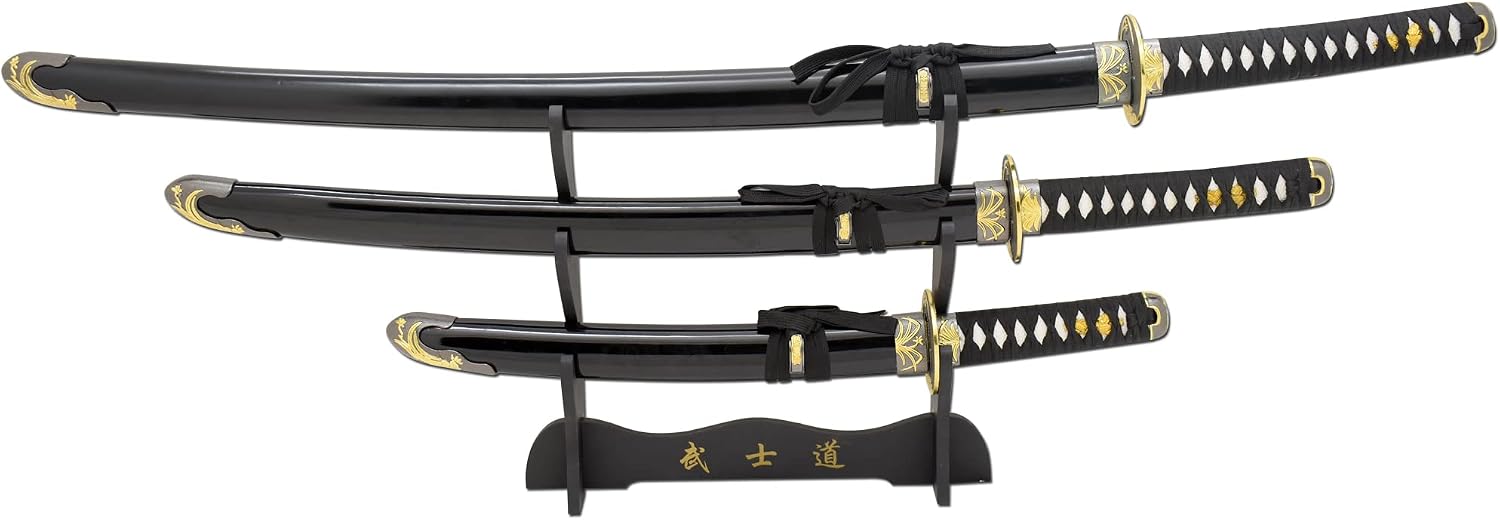 Snake Eye Tactical Highlander Dragon Design Handle Samurai Katana Triple Sword Set w/Sword Stand