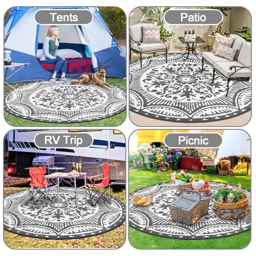 Capslpad 8'x 8' Outdoor Rug for Patio Clearance Reversible Mats Round Portable Plastic Straw Carpet Waterproof Boho Indoor Outside Area Rugs for RV Camping Picnic Pool Tent Balcony Beach Deck, Grey by Capslpad - Image 7