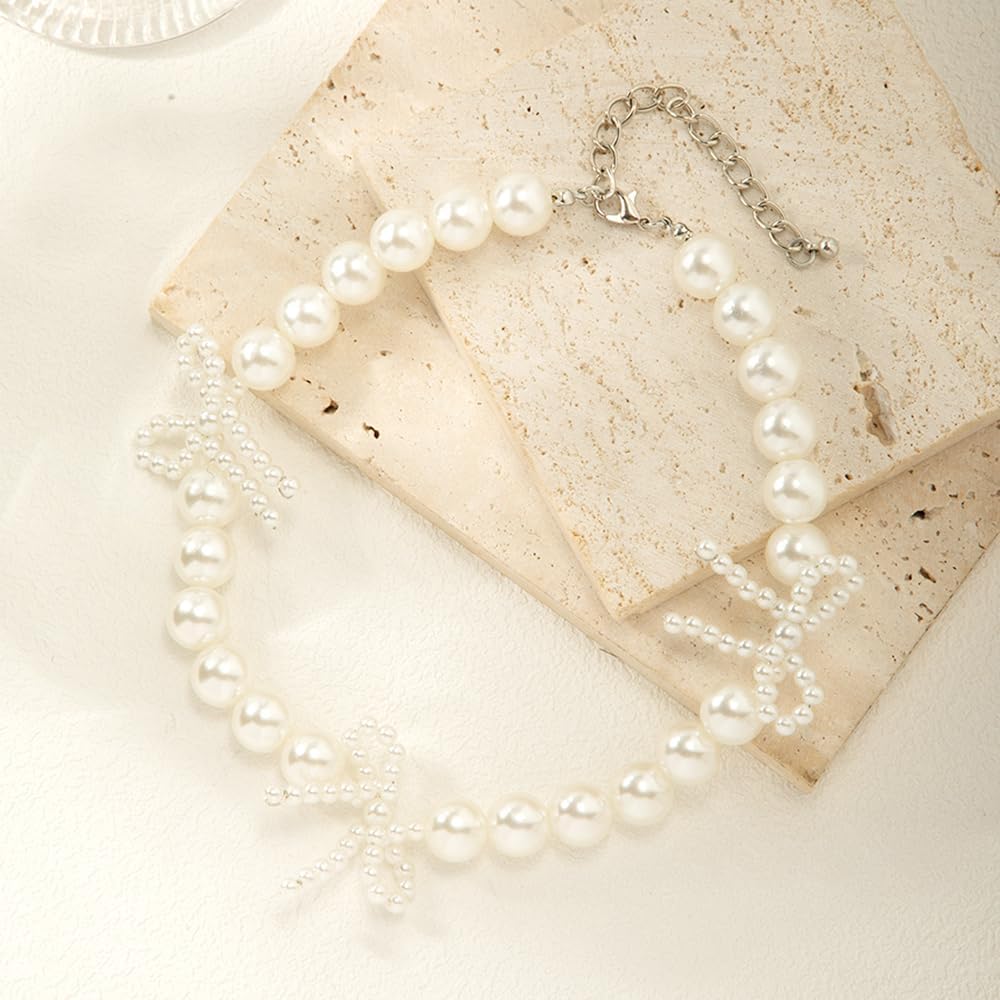 Gothic Punk Bow Knot Clavicle Chian Necklace for Women Trendy Gold Silver Pearl Statement Ball Choker Chain Trendy Jewelry Gift Party Wear - Image 4