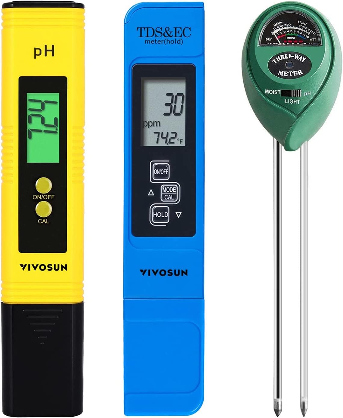 VIVOSUN Digital pH Meter, 3-in-1 TDS EC Temperature 2 VIVOSUN Digital pH Meter, 3-in-1 TDS/EC/Temperature Meter, 3-in-1 Soil Moisture/pH/Light Tester Combo for Home, Garden and Hydroponics, Yellow-Blue-Green