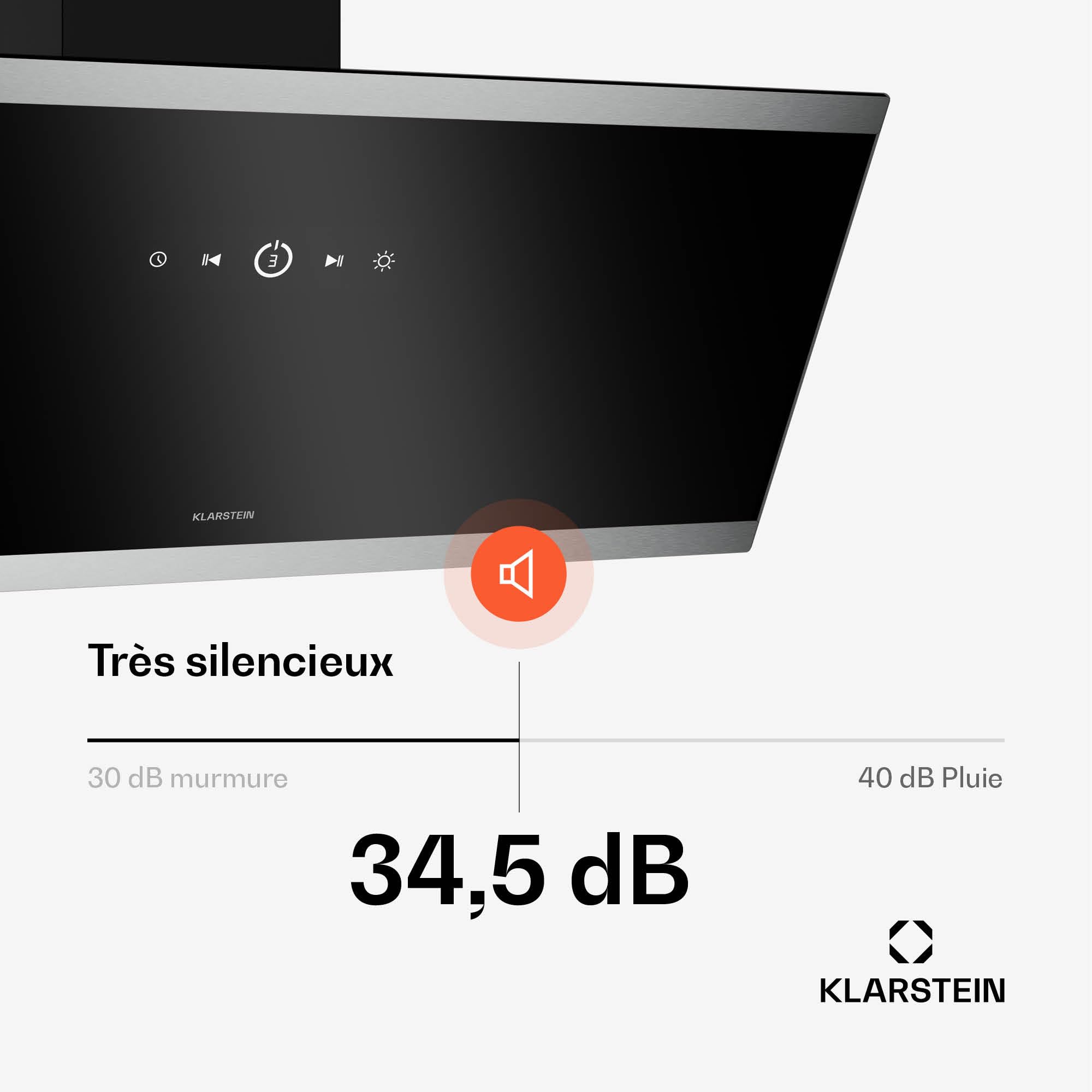 Klarstein FlashLine hotte aspirante 90 cm, 524 m³/h, CEE A++, écran tactile, LED, 34,5 dB, noire