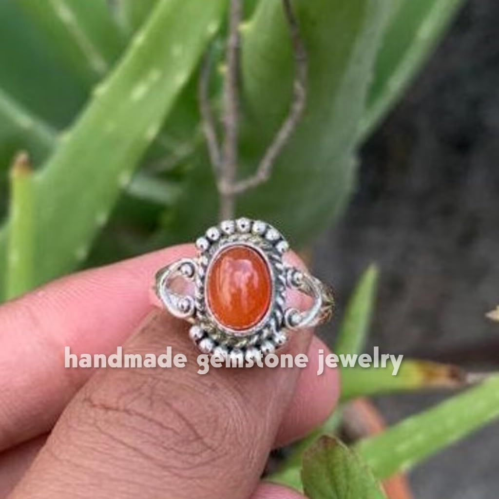Handmade Carnelian Oval Stone Promise Ring - 925 Silver Plated Split Band Boho Ring for Women, Valentine's Day Gift, Daily Wear Jewelry, Orange Stone Engagement Ring
