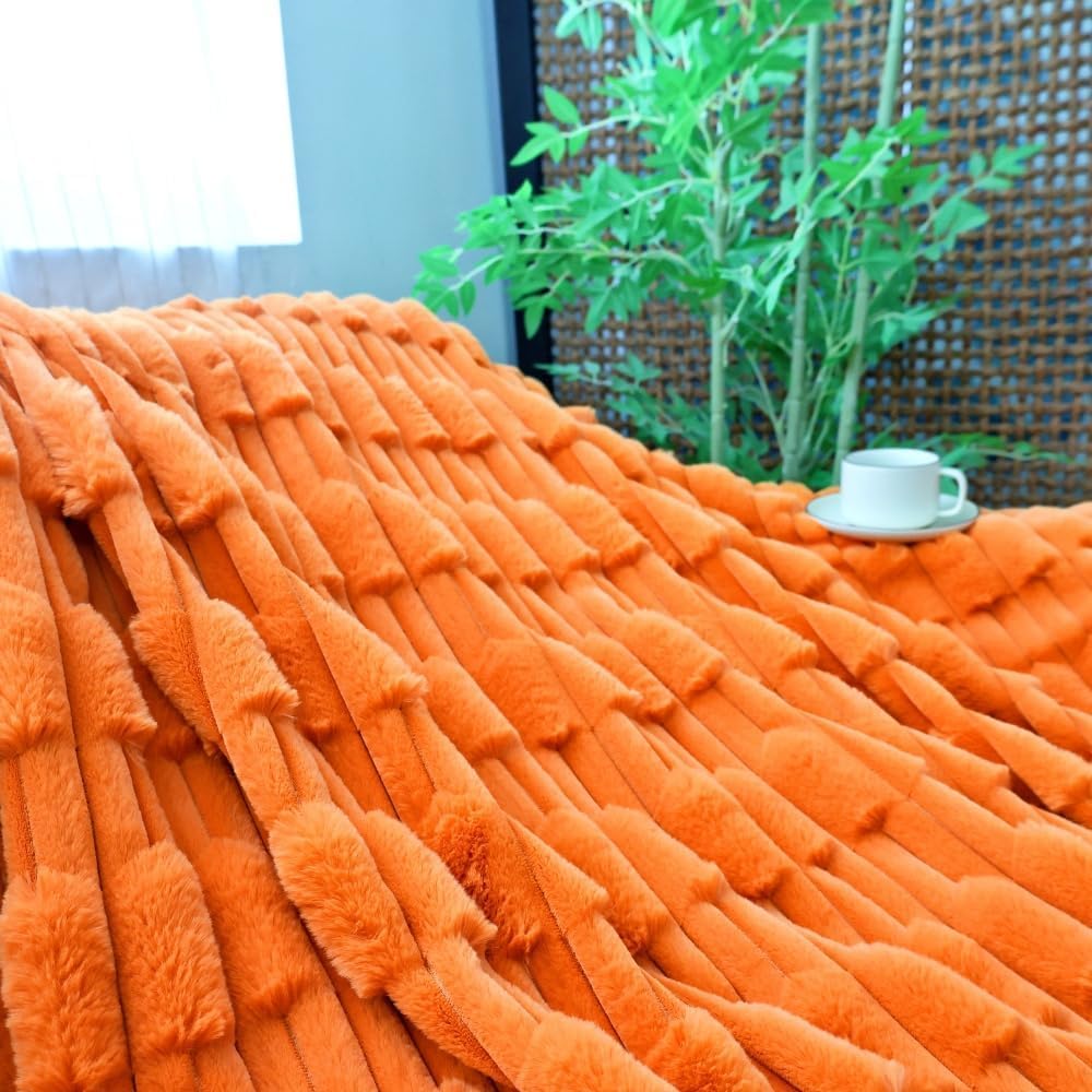 Doule Layer Super Soft Faux Fur Throw Blanket, Ribbed Design Sofa Cover Cozy Couch Blanket, Gift for Women Girls and Kids (Orange,Throw (51" x 63"))