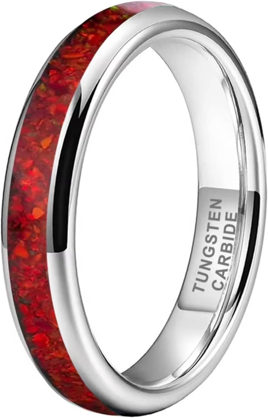 Jewelry 4mm Silver Tungsten Carbide Wedding Band for Women Men Engagement Rings Red Opal Inlay Domed Polished Shiny