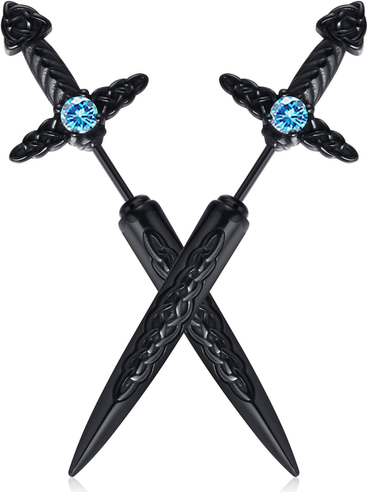 Hisatan Sword Earrings for Men Women, Stainless Steel Gothic Dagger Celtic Knot Irish Studs Earrings, Cool Punk Hip Pop Cubic Zirconia Dangle Goth Screw Spike Earring Jewelry
