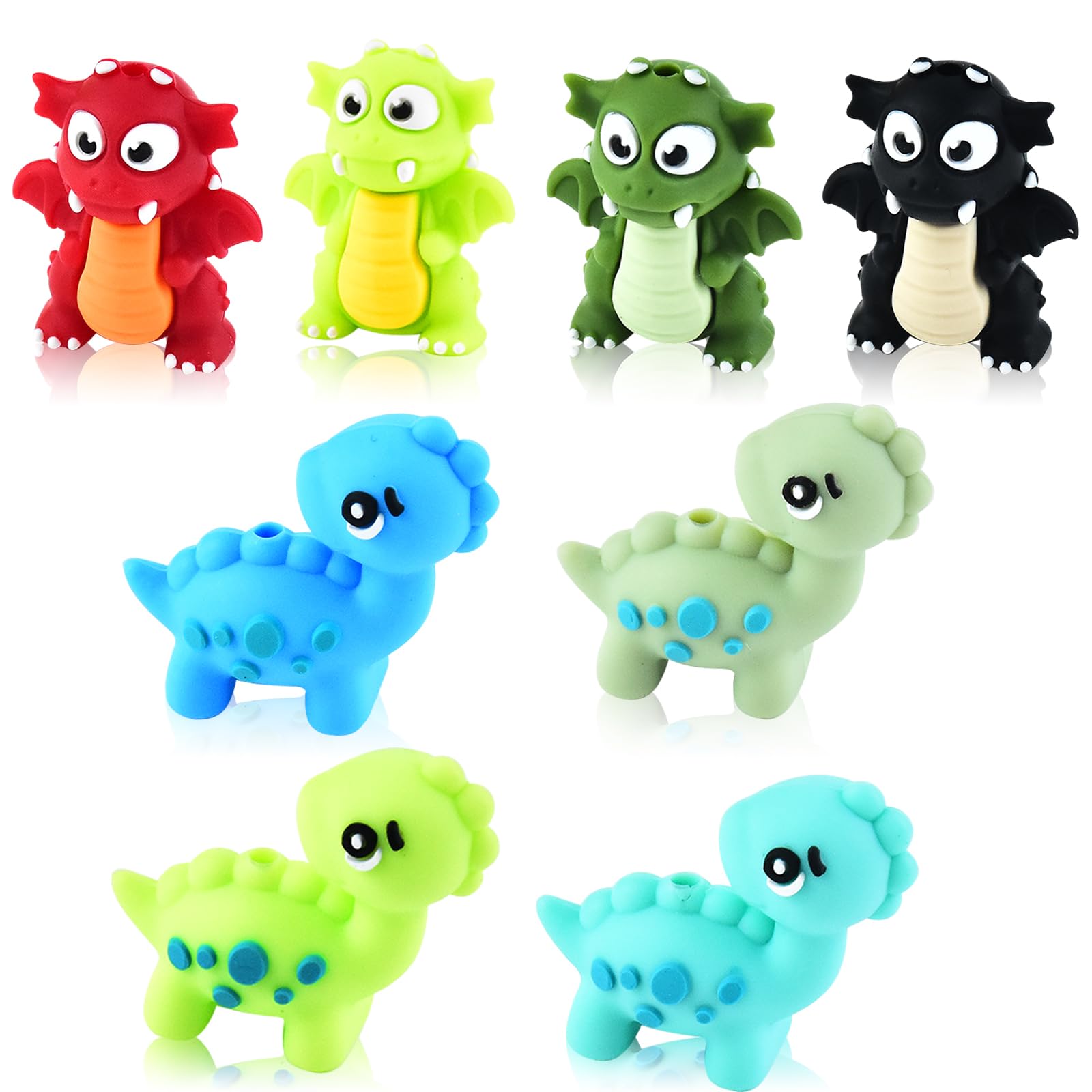 WOZADU 8 PCS 3D Dinosaur Silicone Focal Beads for Pens, Animal Focal Beads Bulk for Keychain Bracelet Necklace Making, Handmade Crafts Supplies
