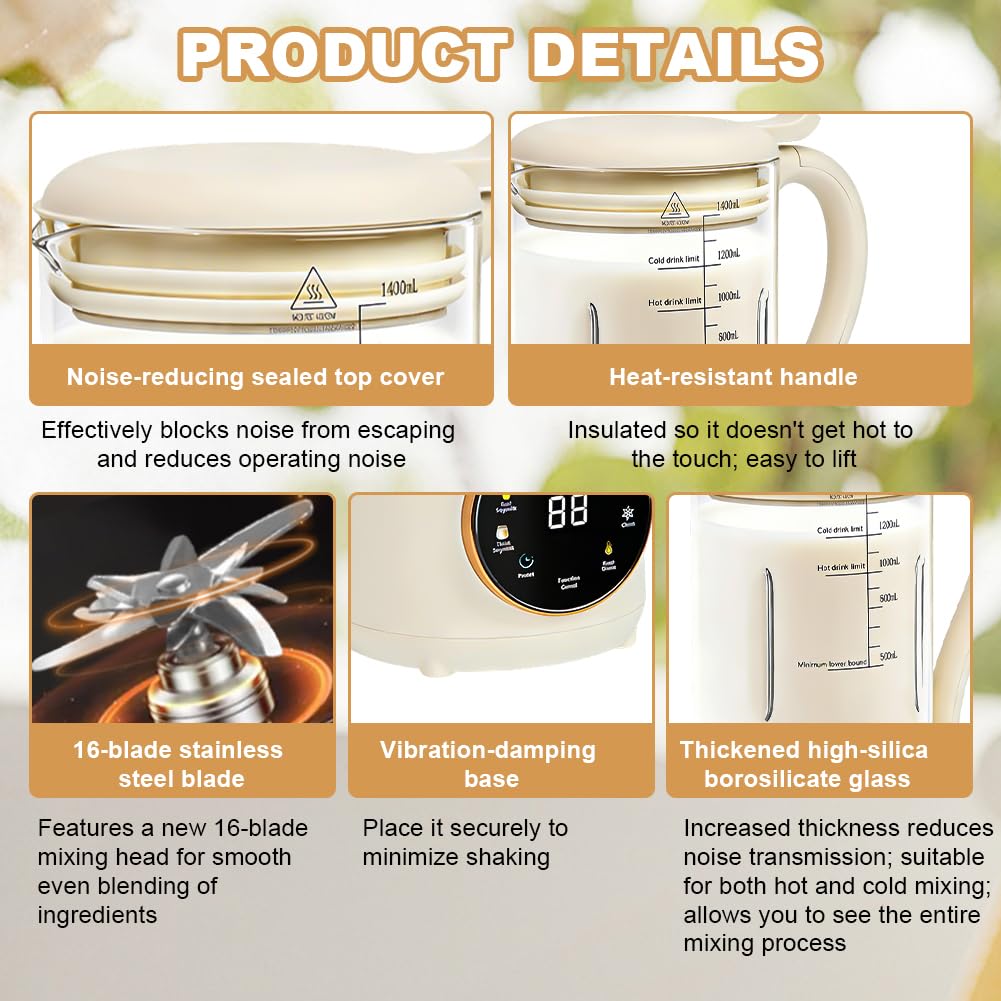 Macchina per latte di noci 1400 ml, macchina per latte d'avena con 16 lame e 9 funzioni, display LED, macchina per latte di soia, funzione di mantenimento in caldo per 4 ore e autopulizia