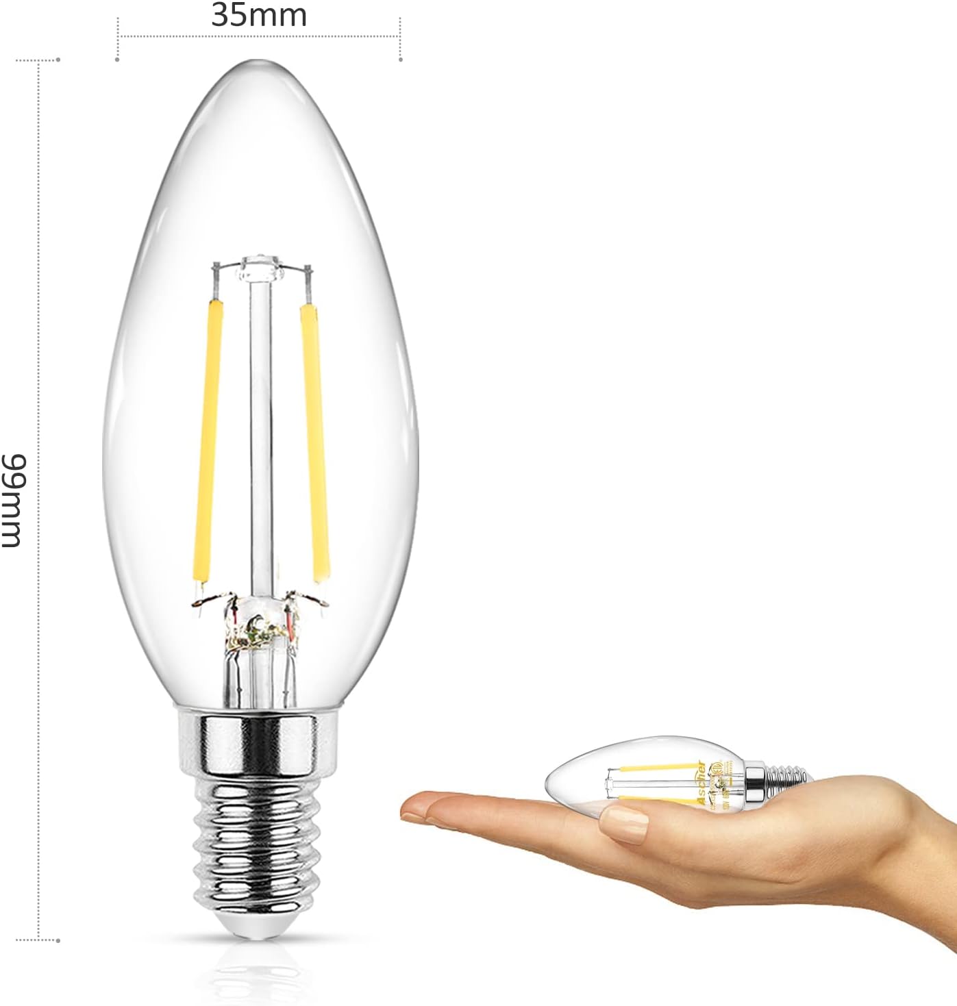 Ascher E12 LED Classic Candelabra Clear Light Bulbs, Equivalent 40W, Daylight White 5000K, Filament Clear Glass, Non-Dimmable, Pack of 5