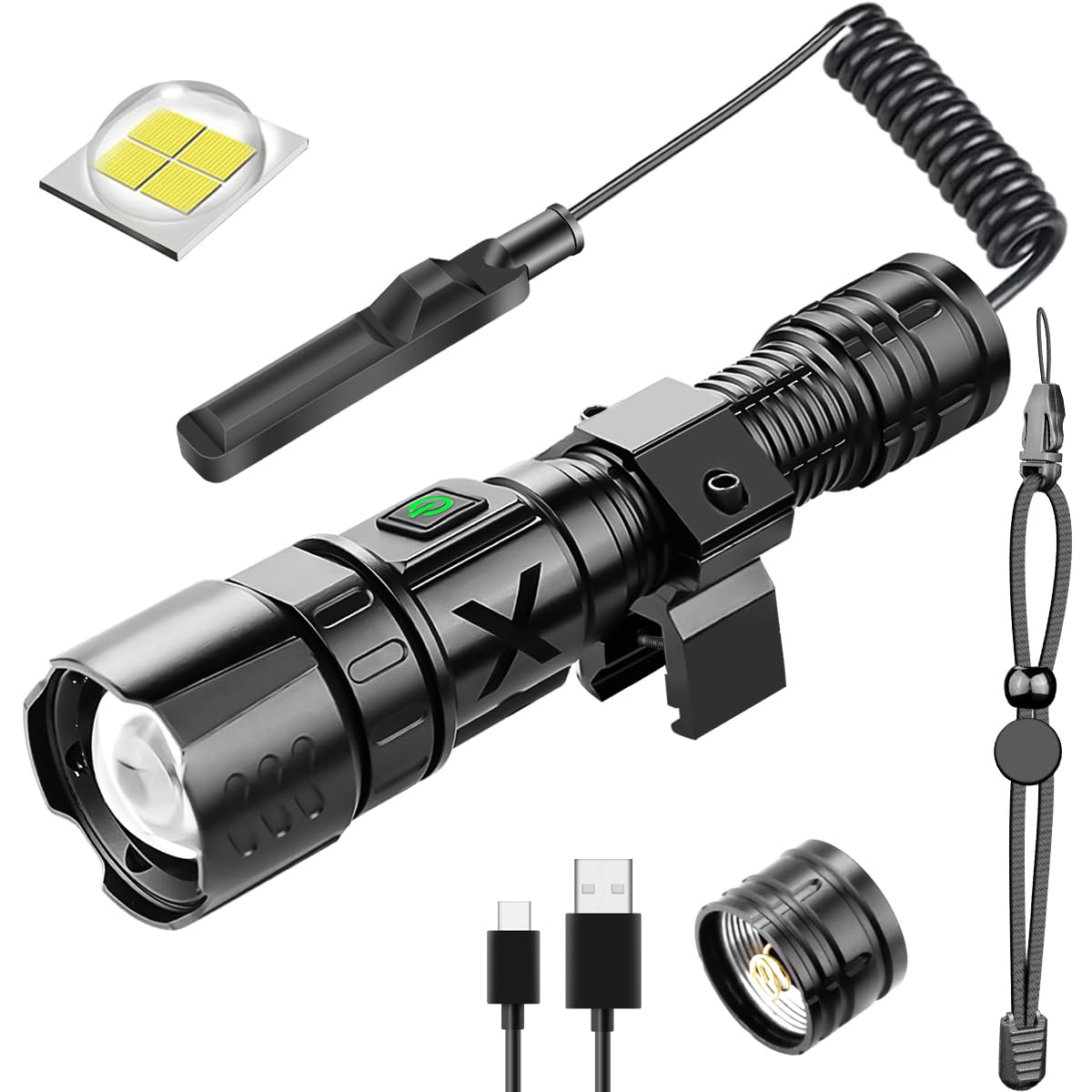 LeKaufen 10000 Lumens XHP70 Tactical Flashlight for Rifle - Picatinny Rails Mount Flashlight with Pressure Switch, 5 Modes Adjust Focus Rechargeable Picatinny Flashlight for Tactical Outdoor
