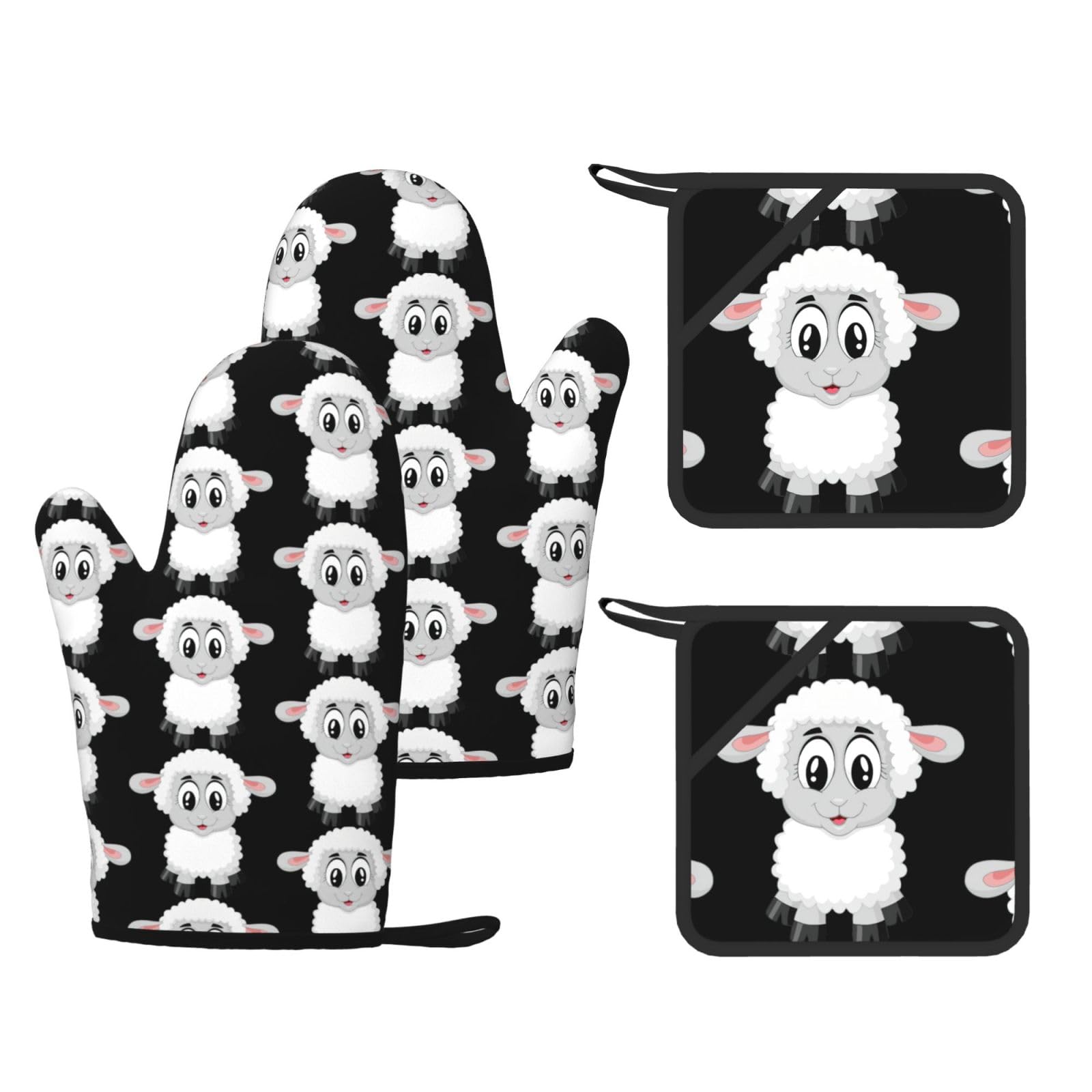 Eeprty Black Lamb Printed Kitchen Oven Gloves And Potholder 4 Pcs, Non-Slip Heat Resistant Mitts For Baking Chef