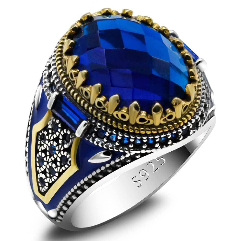 OHMMHO Turkish Jewelry Men's Ring With Blue Glass Stone 925 Sterling Silver Vintage King Crown CZ Enamel Ring Ladies and Men's Gifts