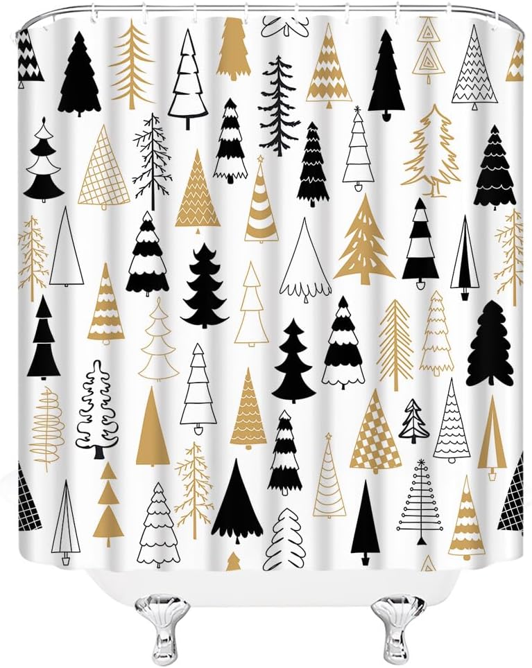 Christmas Tree Shower Curtain Yellow Black Xmas Pine Tree Winter Abstract Cartoon Festival New Year Holiday 70" Wx96 H Fabric Bathroom Decor Curtain with Hooks