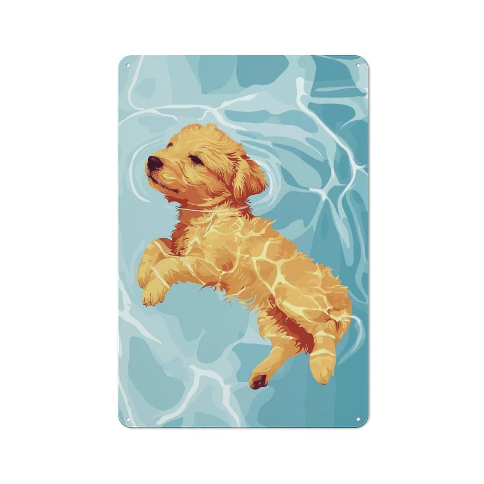 Junmoney Style-20 Tin Wall Plaque 30X20cm With Golden Retriever Puppy Swimming For Home Office Or Studio, For Metal Sign Collectors, For Garage And Workshop Walls