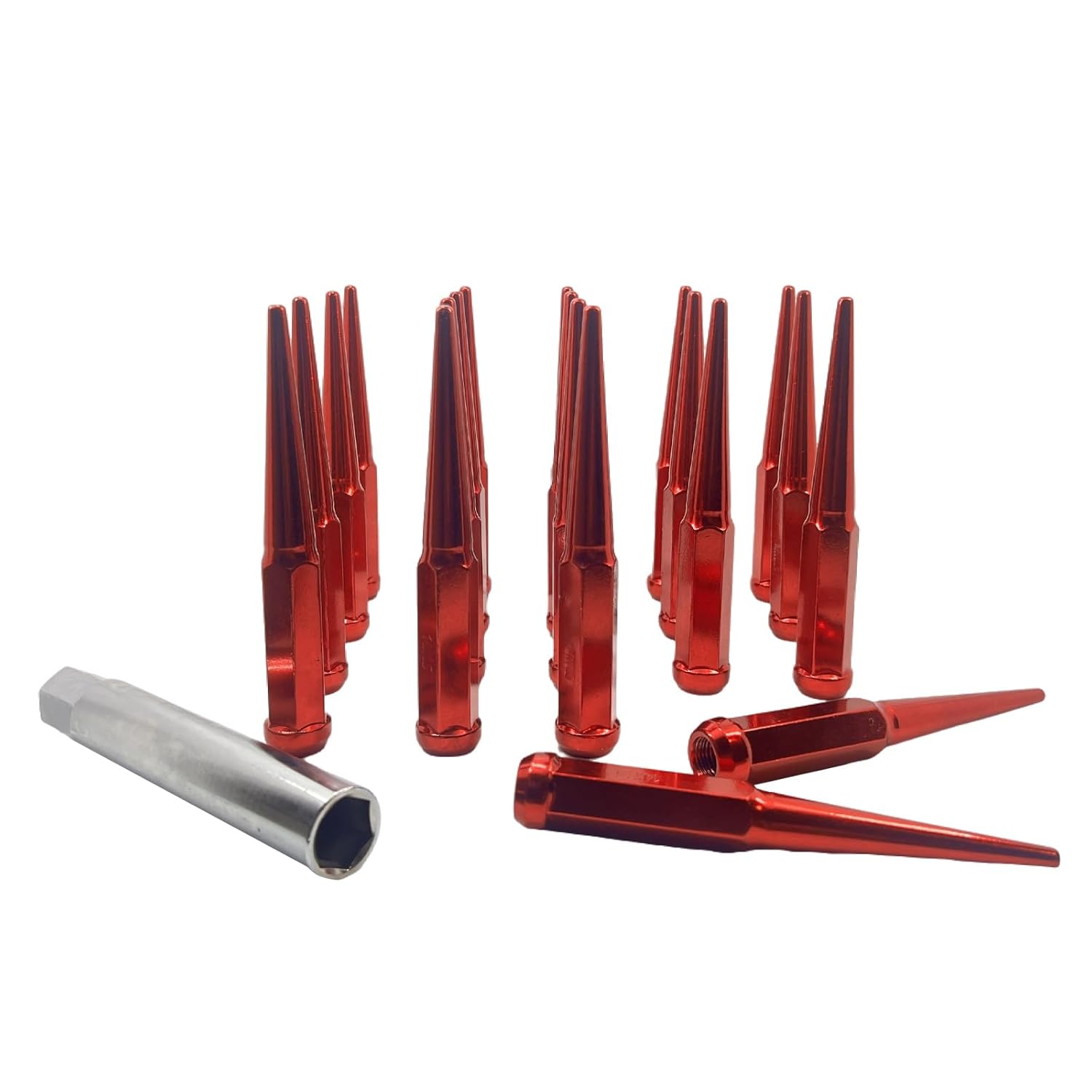 24Pcs M14x1.5 6 Inch Tall Spike Lug Nuts with 1 Socket Key Compatible with 2015-2019 Ford F150, 1999-2019 Chevrolet Silverado 1500, 1992-2019 Chevy Tahoe, 1994-2019 GMC Sierra 1500, Red