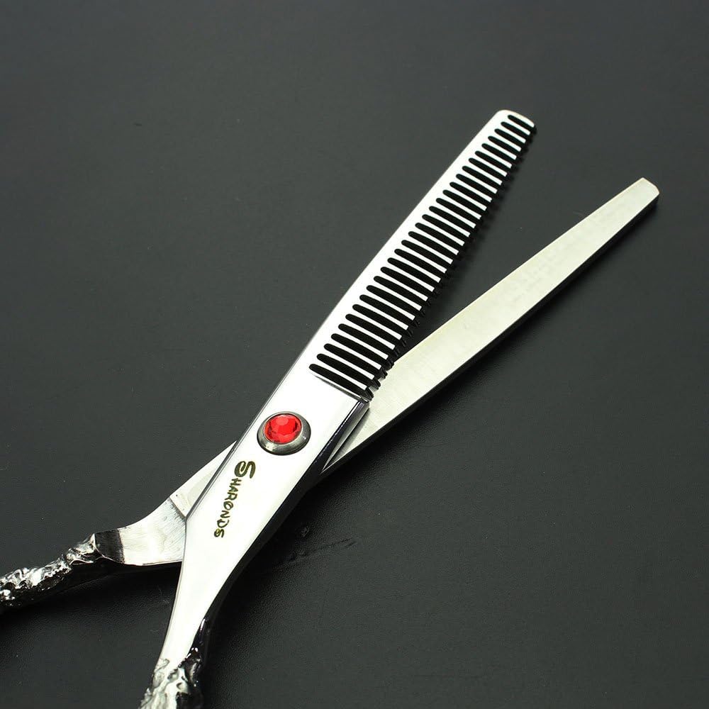 Silver 6-inch scissors exquisite pattern 440c high hardness stainless steel barber shop hairdressing cutting hairstyle and thinning salon professional tools (Thining Scissors)