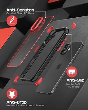 MobNano Compatible with iPhone 16, Ultra Thin Hybrid Case, Soft TPU Shockproof Bumper Anti Scratch Cover for iPhone 16 - Black/Red