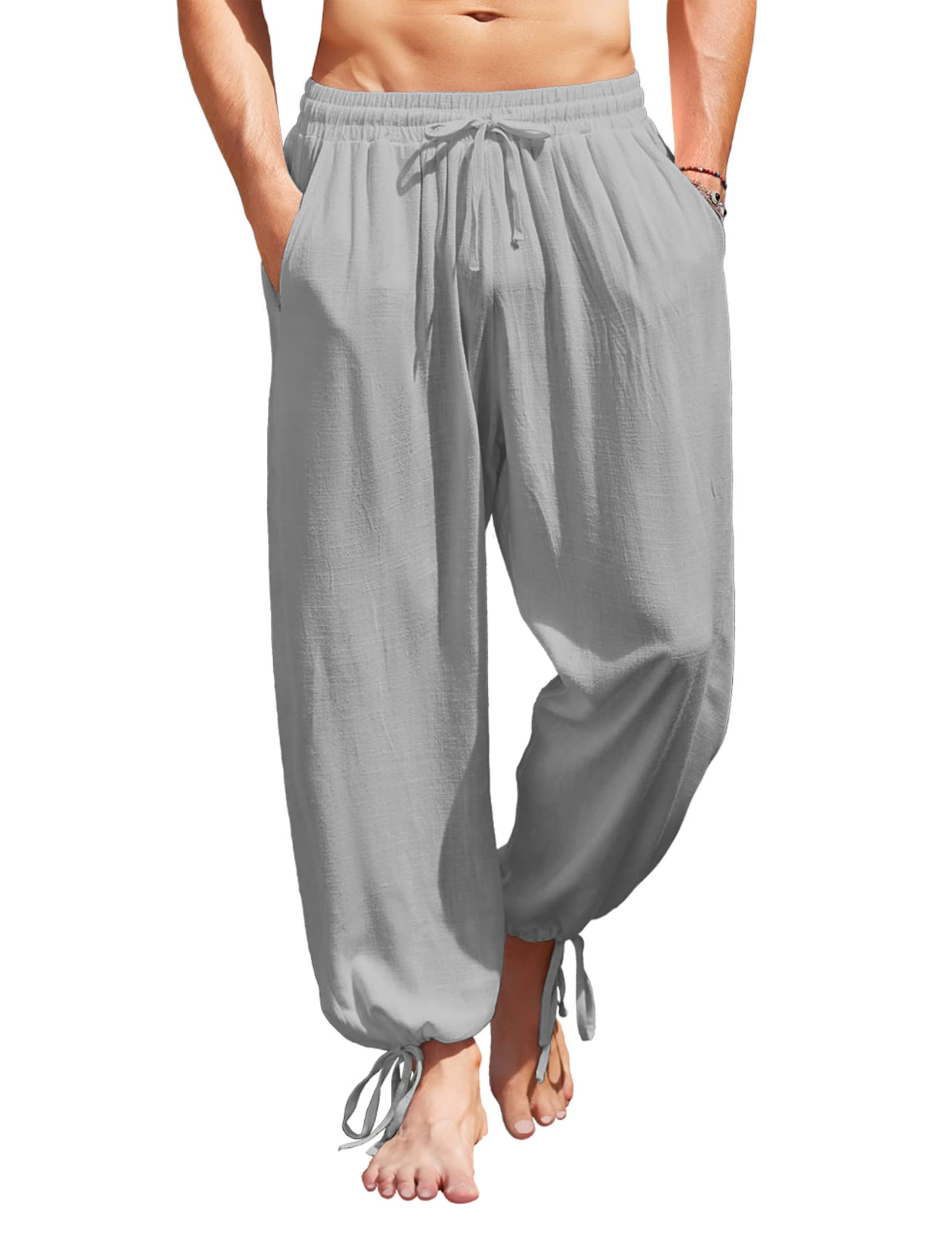 COOFANDYMen's Cotton Linen Harem Pants Drawstring Casual Cropped Trousers  Lightweight Loose Beach Yoga Pants with Pockets