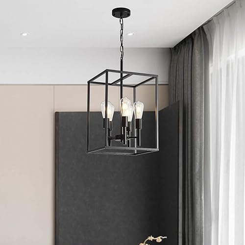 Miniatura 4 de Candelabro clásico negro para vestíbulo, 5 luces, estilo granja, lámpara colgante de techo con pantallas de jaula cuadrada, accesorios para cocina,