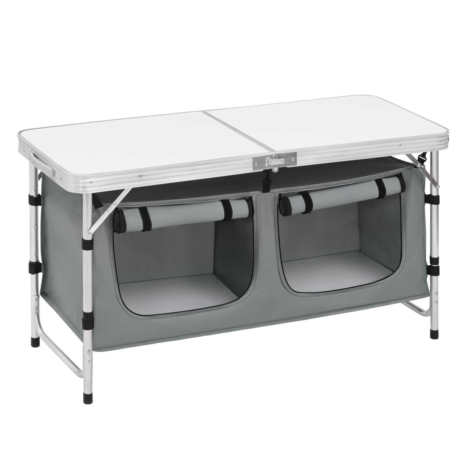 WOLTU Folding Camping Cupboard Kitchen, Height Adjustable Aluminum Camping Table with Storage, Lightweight Picnic Table with Carry Handle for Outdoor Patio BBQ Party, White + Grey