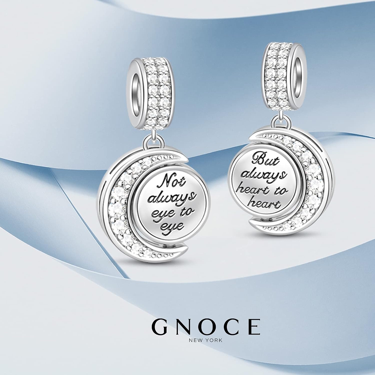 GNOCE Crescent Star Galactic Cosmic Moon Charm Pendant Sterling Silver Not Always Eye to Eye, But Always Heart to Heart Dangle Charm fit Bracelet/Necklace Christmas Jewellery Gift for Women