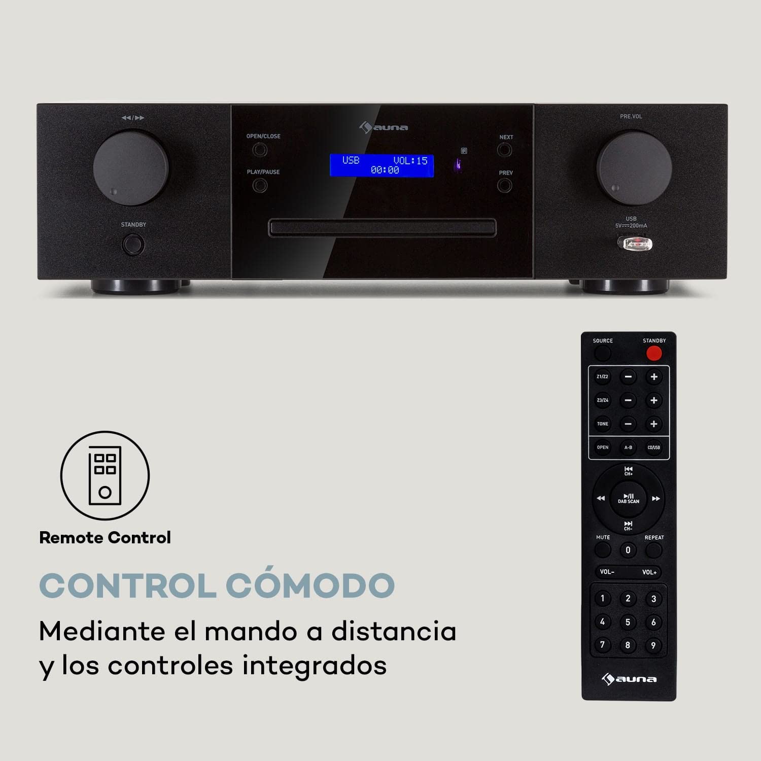 Auna CD-1000 DG, Reproductor de CD, USB, MP3, Mando a Distancia, CD Player con Pantalla LED, Lector CD, Aluminio, Negro