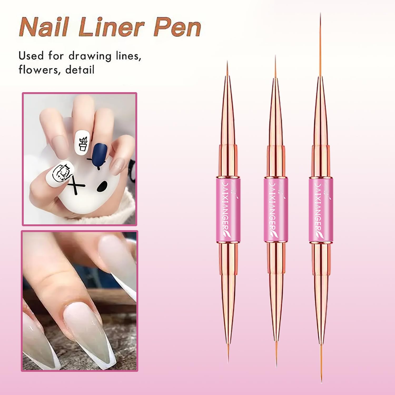 5 Pcs Double-Ended Builder Gel Brushes, Nail Art Liner Brushes, Professional Hard Gel Brushes for Nail Extension, Liner Brush for Nails Design & French Tip Manicure-Pink